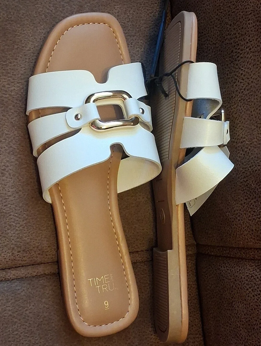 Time and Tru Embellished Slide Sandals with Gold Buckle White Size 9